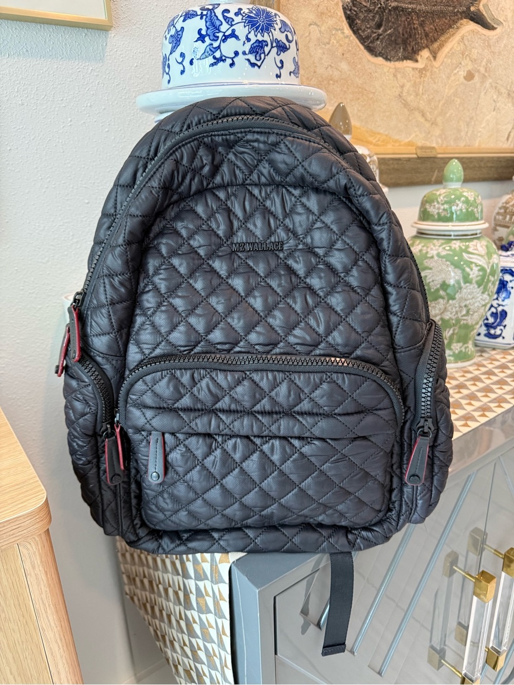 MZ Wallace Black Quilted Nylon Backpack with Red Zip Accents